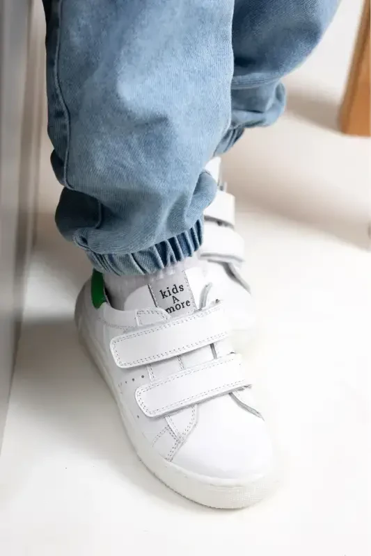 Papillon Çift Cırtlı Deri Unisex Çocuk Ayakkabı Beyaz-yeşil-Beyaz - 2