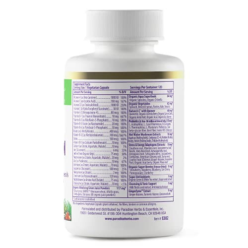 Paradise Herbs, Dünya Karışımı, Multivitamin, Demirli, 48 Organik Süper Gıda, Probiyotik, Antioksidan, A, B12, C, D, K2 Vitaminleri, Aromasız, 120 Kapsül - 10