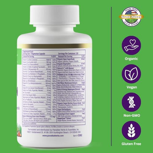 Paradise Herbs, Dünya Karışımı, Multivitamin, Demirli, 48 Organik Süper Gıda, Probiyotik, Antioksidan, A, B12, C, D, K2 Vitaminleri, Aromasız, 120 Kapsül - 2