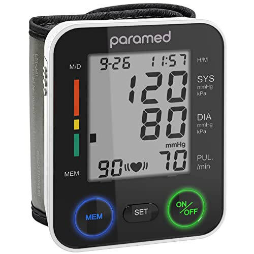 PARAMED Automatic Wrist Blood Pressure Monitor: Blood-Pressure Kit of Bp Cuff + 2AAA and Carrying case - Irregular Heartbeat Detector & 90 Readings Memory Function & Large Display - 1