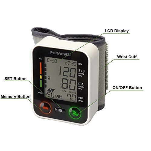 PARAMED Automatic Wrist Blood Pressure Monitor: Blood-Pressure Kit of Bp Cuff + 2AAA and Carrying case - Irregular Heartbeat Detector & 90 Readings Memory Function & Large Display - 7