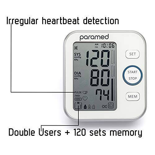 Paramed Blood Pressure Monitor - Bp Machine - Automatic Upper Arm Blood Pressure Cuff 8.7-16.5 inches - Large LCD Display 120 Sets Memory - Device Bag & Batteries Included - 16