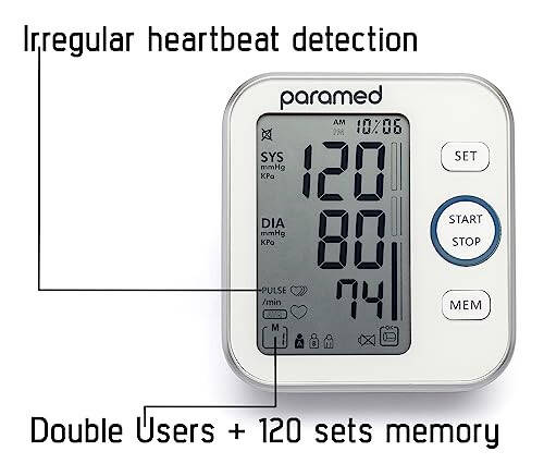 Paramed Blood Pressure Monitor - Bp Machine - Automatic Upper Arm Blood Pressure Cuff 8.7-16.5 inches - Large LCD Display 120 Sets Memory - Device Bag & Batteries Included - 9