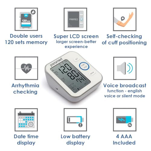 Paramed Blood Pressure Monitor - Bp Machine - Automatic Upper Arm Blood Pressure Cuff 8.7-16.5 inches - Large LCD Display 120 Sets Memory - Device Bag & Batteries Included - 13