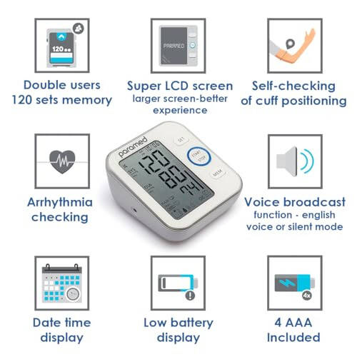 Paramed Blood Pressure Monitor - Bp Machine - Automatic Upper Arm Blood Pressure Cuff 8.7-16.5 inches - Large LCD Display 120 Sets Memory - Device Bag & Batteries Included - 13