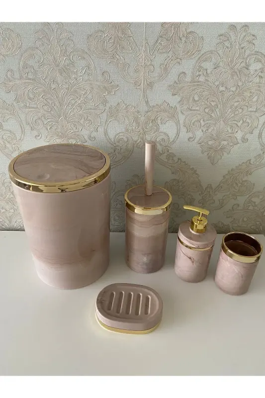 Parça Marmar Desenli Banyo To'plami / hojatxona cho'tkasi, suyuq - qattiq sovun idishi, axlat qutisi, tish cho'tkasi - pushti - 3