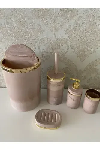 Parça Marmar Desenli Banyo To'plami / hojatxona cho'tkasi, suyuq - qattiq sovun idishi, axlat qutisi, tish cho'tkasi - pushti - 4