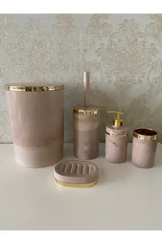 Parça Mermer Desen Banyo Seti / Wc Fırçalık, Sıvı - Katı Sabunluk, Çöp Kovası, Diş Fırçalık-Pembe - 1