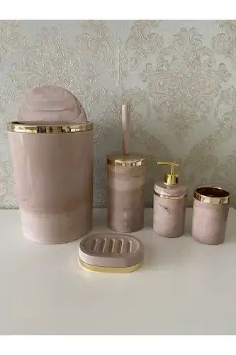 Parça Mermer Desen Banyo Seti / Wc Fırçalık, Sıvı - Katı Sabunluk, Çöp Kovası, Diş Fırçalık-Pembe - TRENDBANYOMUTFAK (1)