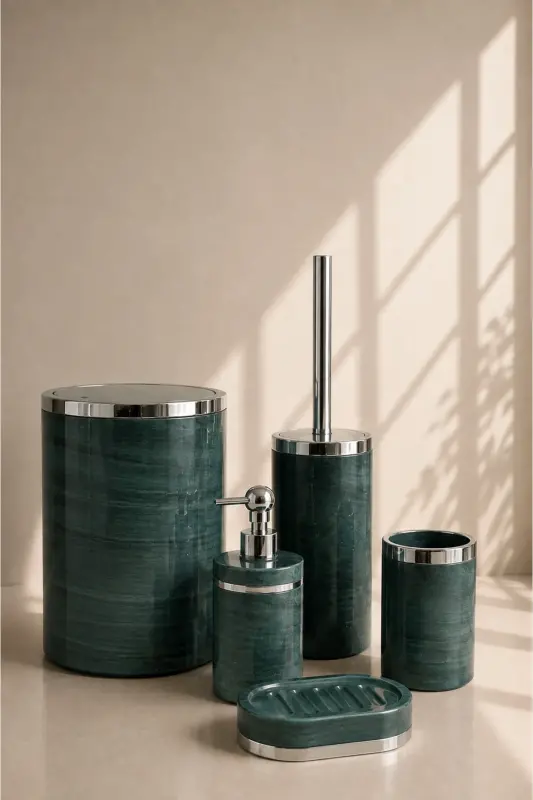 Parça Mermer Desen Banyo Seti / Wc Fırçalık, Sıvı - Katı Sabunluk, Çöp Kovası, Diş Fırçalık - Yeşil - 1
