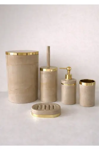 Parça Mermer Desen Krembanyo Seti / Wc Щёткаси, Суюқ - Қаттиқ Совунлик, Ахлат Қутиси, Тиш Щёткаси-Крем - 3
