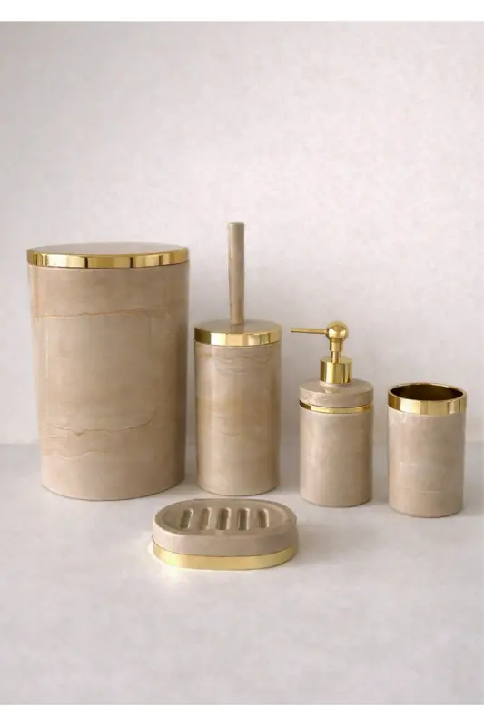 Parça Mermer Desen Krembanyo Seti / Wc Щёткаси, Суюқ - Қаттиқ Совунлик, Ахлат Қутиси, Тиш Щёткаси-Крем - 3