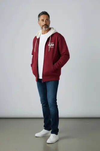 Parçalı Bordo New York Baskılı Kapüşonlu Fermuarlı Pamuk Hırka - Bordo - ALTAMIRA (1)