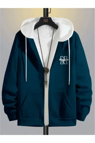 Parçalı Petrol Mavi New York Baskılı Kapüşonlu Fermuarlı Pamuk Hırka-Petrol Mavi 