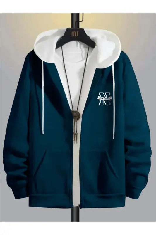 Parçalı Petrol Mavi New York Baskılı Kapüşonlu Fermuarlı Pamuk Hırka-Petrol Mavi - ALTAMIRA