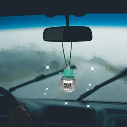 SPANSEE Green Cowboy Disco Ball, Disco Ball Cowboy Hat Car Accessory, Car Mirror Hanging Accessories, Disco Ball with Cowboy Hat, St. Patrick's Day, Disco Ball Car Mirror Ornament, Cowboy Car Decor - 3