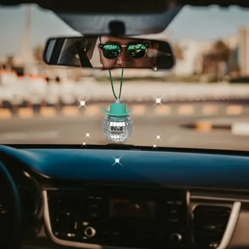 SPANSEE Green Cowboy Disco Ball, Disco Ball Cowboy Hat Car Accessory, Car Mirror Hanging Accessories, Disco Ball with Cowboy Hat, St. Patrick's Day, Disco Ball Car Mirror Ornament, Cowboy Car Decor - 6