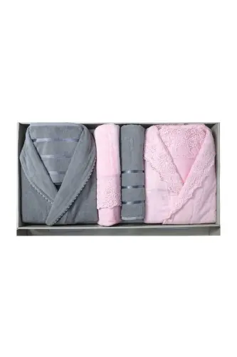 Paris 12 Pcs Velvet Lace Bathrobe Set | Bathrobe | Bathrobe Set | Dowry Set-Powder - 2