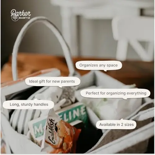 Parker Baby Co. Diaper Caddy - Bolalar xonasi uchun saqlash savati va tagliklar va bolalar salfetkalari uchun avtomobil organizatori - Kulrang, Katta - 4