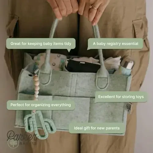 Parker Baby Diaper Caddy - Nursery Storage Bin and Car Organizer for Diapers and Baby Wipes - Sage Green, Large - 5