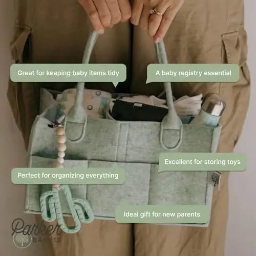 Parker Baby Diaper Caddy - Nursery Storage Bin and Car Organizer for Diapers and Baby Wipes - Sage Green, Regular - 5