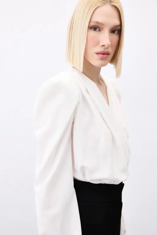 Parlak Çizgili Bodysuit Bluz - Ekru-EKRU - 5