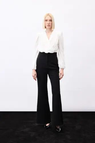 Parlak Çizgili Bodysuit Bluz - Ekru-EKRU - 8