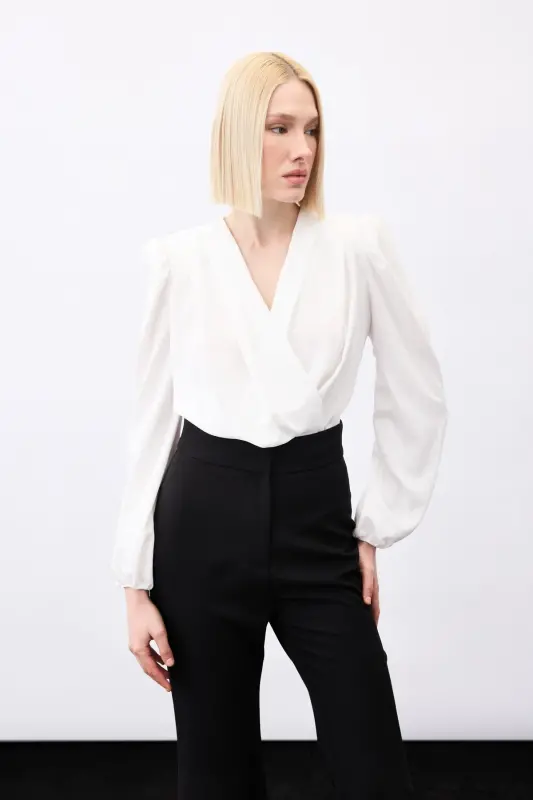 Parlak Çizgili Bodysuit Bluz - Ekru - EKRU - 1
