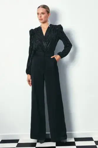 Parlak Çizgili Bodysuit Bluz - SİYAH-SİYAH - 4