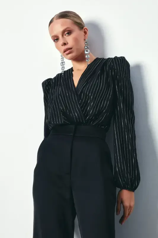 Parlak Çizgili Bodysuit Bluz - SİYAH-SİYAH - 6