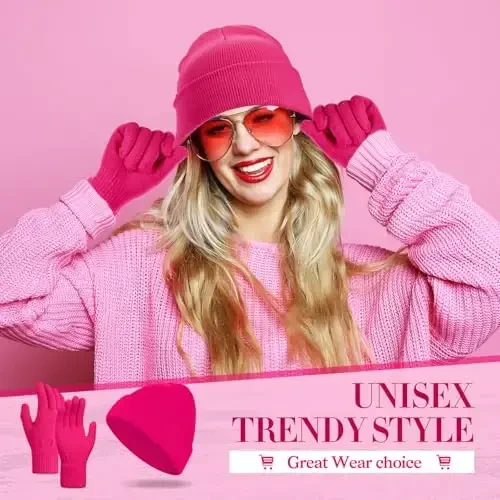 ShinyMatch Winter Beanie Hat Gloves Set, Soft Knitted Hat Stretchy Gloves Warm Skull Cap Set for Women Men Gifts - 3