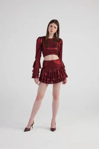 Parlak Kumaşlı Fırfırlı Etek Bluz Yensia Takım Bordo - Bordo - 3