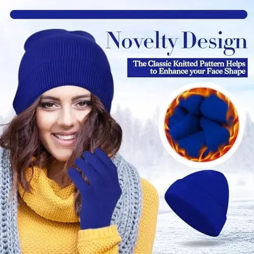 ShinyMatch Winter Beanie Hat Gloves Set, Soft Knitted Hat Stretchy Gloves Warm Skull Cap Set for Women Men Gifts - 3