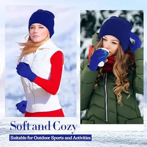 ShinyMatch Winter Beanie Hat Gloves Set, Soft Knitted Hat Stretchy Gloves Warm Skull Cap Set for Women Men Gifts - 4