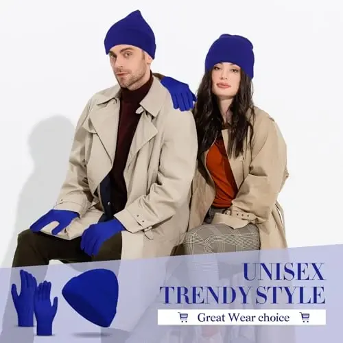 ShinyMatch Winter Beanie Hat Gloves Set, Soft Knitted Hat Stretchy Gloves Warm Skull Cap Set for Women Men Gifts - 6