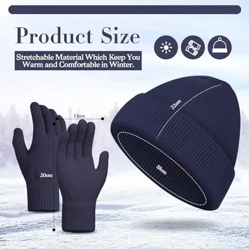 ShinyMatch Winter Beanie Hat Gloves Set, Soft Knitted Hat Stretchy Gloves Warm Skull Cap Set for Women Men Gifts - 2