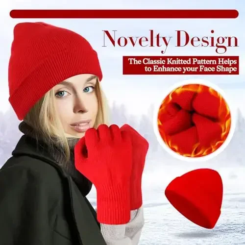 ShinyMatch Winter Beanie Hat Gloves Set, Soft Knitted Hat Stretchy Gloves Warm Skull Cap Set for Women Men Gifts - 3