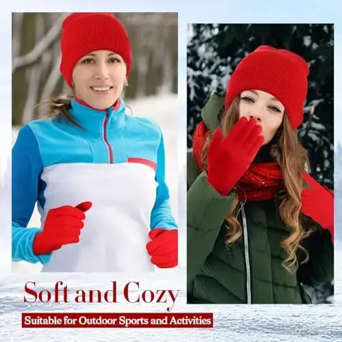 ShinyMatch Winter Beanie Hat Gloves Set, Soft Knitted Hat Stretchy Gloves Warm Skull Cap Set for Women Men Gifts - 5