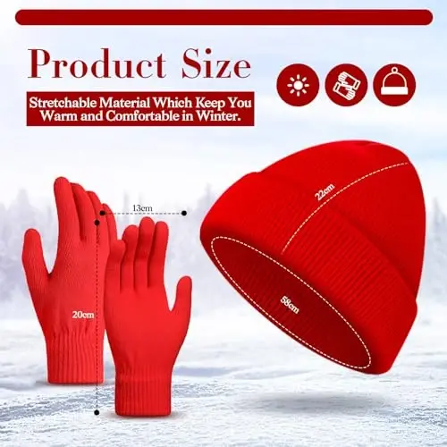 ShinyMatch Winter Beanie Hat Gloves Set, Soft Knitted Hat Stretchy Gloves Warm Skull Cap Set for Women Men Gifts - 2
