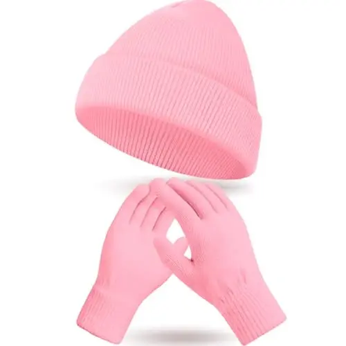ShinyMatch Winter Beanie Hat Gloves Set, Soft Knitted Hat Stretchy Gloves Warm Skull Cap Set for Women Men Gifts - 1
