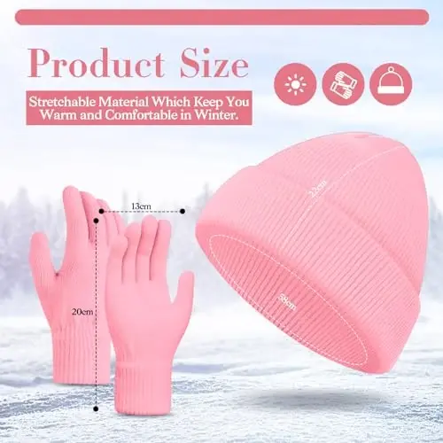 ShinyMatch Winter Beanie Hat Gloves Set, Soft Knitted Hat Stretchy Gloves Warm Skull Cap Set for Women Men Gifts - 2