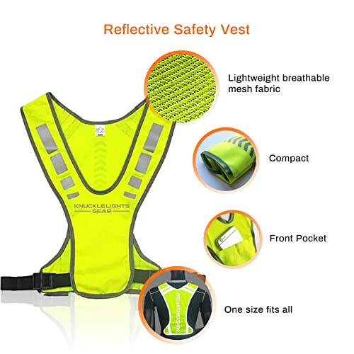Knuckle Lights Reflective Running Gear Safety Bundle - Reflective Vest, LED Safety Light, Reflective Bands, Night Safety Gear for Runners, Cycling, Hiking, Walking - High Visibility Reflective Gear - 3