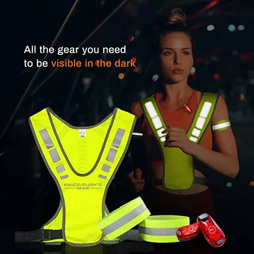 Knuckle Lights Reflective Running Gear Safety Bundle - Reflective Vest, LED Safety Light, Reflective Bands, Night Safety Gear for Runners, Cycling, Hiking, Walking - High Visibility Reflective Gear - 6