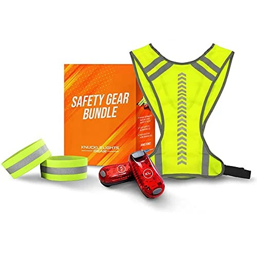 Knuckle Lights Reflective Running Gear Safety Bundle - Reflective Vest, LED Safety Light, Reflective Bands, Night Safety Gear for Runners, Cycling, Hiking, Walking - High Visibility Reflective Gear - Knuckle