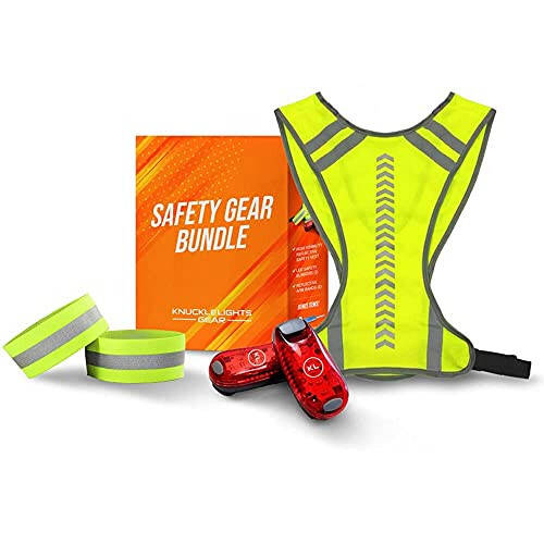 Knuckle Lights Reflective Running Gear Safety Bundle - Reflective Vest, LED Safety Light, Reflective Bands, Night Safety Gear for Runners, Cycling, Hiking, Walking - High Visibility Reflective Gear - 1