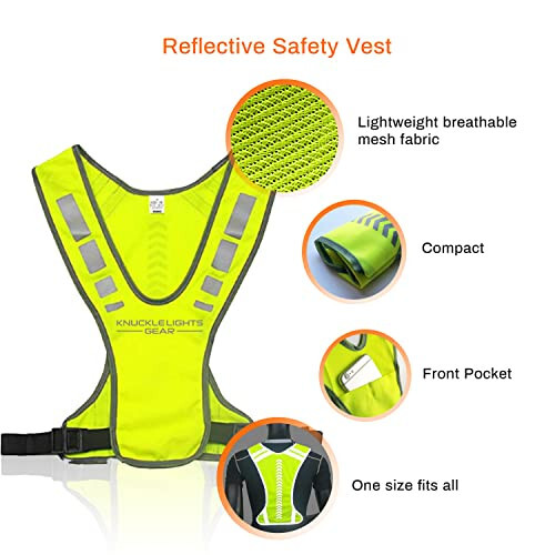 Knuckle Lights Reflective Running Gear Safety Bundle - Reflective Vest, LED Safety Light, Reflective Bands, Night Safety Gear for Runners, Cycling, Hiking, Walking - High Visibility Reflective Gear - 3