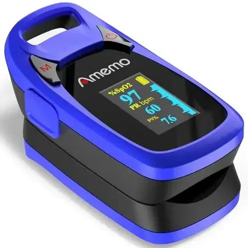 Fingertip Pulse Oximeter with Plethysmograph and Perfusion Index, include carrying case, Large OLED Digital Display Blood Oxygen Saturation Monitor Heart Rate Monitor (Blue) - AMEMO