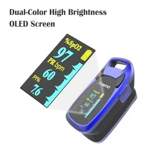 Fingertip Pulse Oximeter with Plethysmograph and Perfusion Index, include carrying case, Large OLED Digital Display Blood Oxygen Saturation Monitor Heart Rate Monitor (Blue) - 6