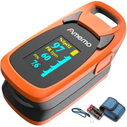 Fingertip Pulse Oximeter with Plethysmograph and Perfusion Index, include carrying case, Large OLED Digital Display Blood Oxygen Saturation Monitor Heart Rate Monitor (Color: Red-Orange) - 1
