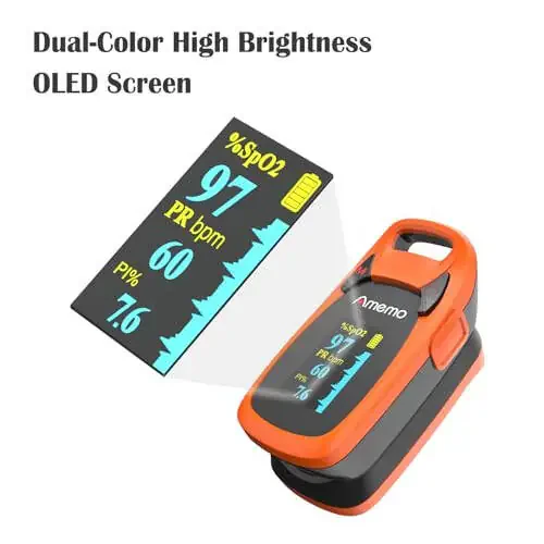 Fingertip Pulse Oximeter with Plethysmograph and Perfusion Index, include carrying case, Large OLED Digital Display Blood Oxygen Saturation Monitor Heart Rate Monitor (Color: Red-Orange) - 16